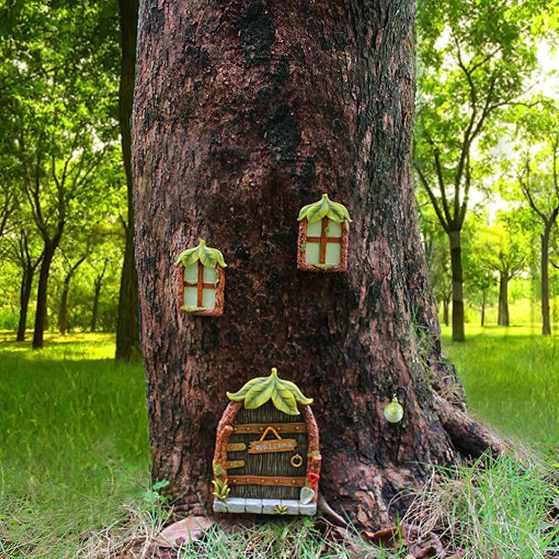 IMOFEE Fairy Door and Windows Garden Kit Accessories Outdoor, Glow in Dark Gnome House for Tree, Lawn Yard Art Sculpture, Miniature Garden Decor (Leaf) - Image 3
